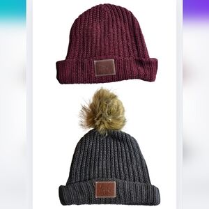 2 Love Your Melon Winter Beanies Pom-Pom Knit Hat Fall Maroon Gray 2896-Bi